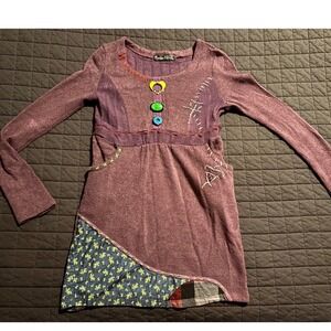 Forla Paris Tunic Dress Size M Purple Unique‎ Patchwork Bohemian Long Sleeve